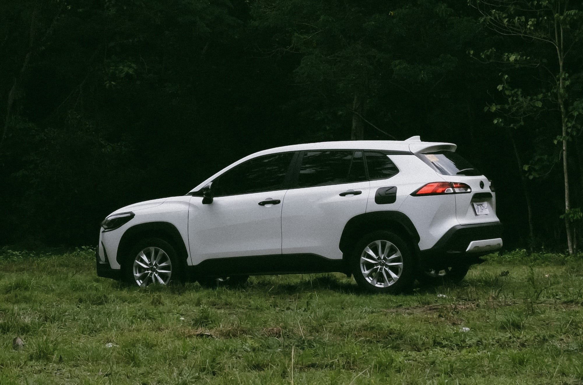 a white car parked in a field next to a forest